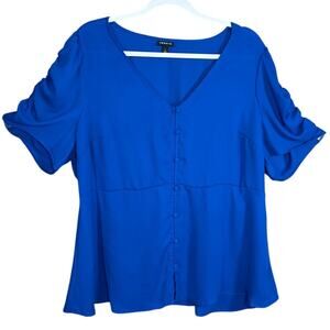Torrid Georgette Ruched Button Down Blouse Blue Surf The Web SZ 1 1X 14 16